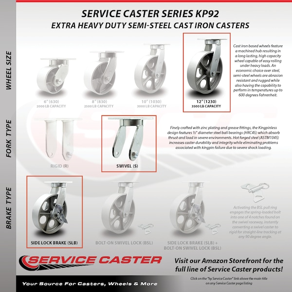 12 Inch Heavy Duty Semi Steel Cast Iron Swivel Caster Set with Brakes SCC, 4PK